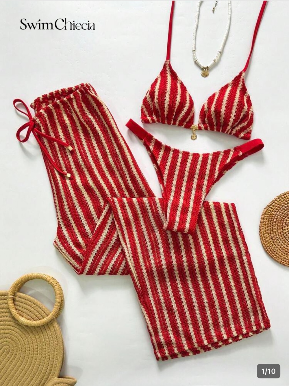 Red & Cream Striped Crochet Bikini Set with Cover-Up